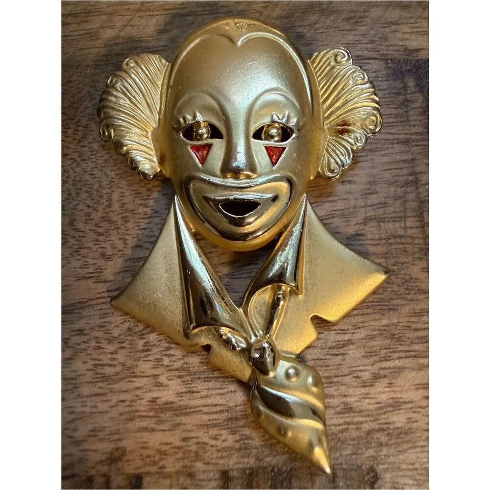 Vintage Gold Clown Face Brooch Statement Women Jewelry Art Unique Pin